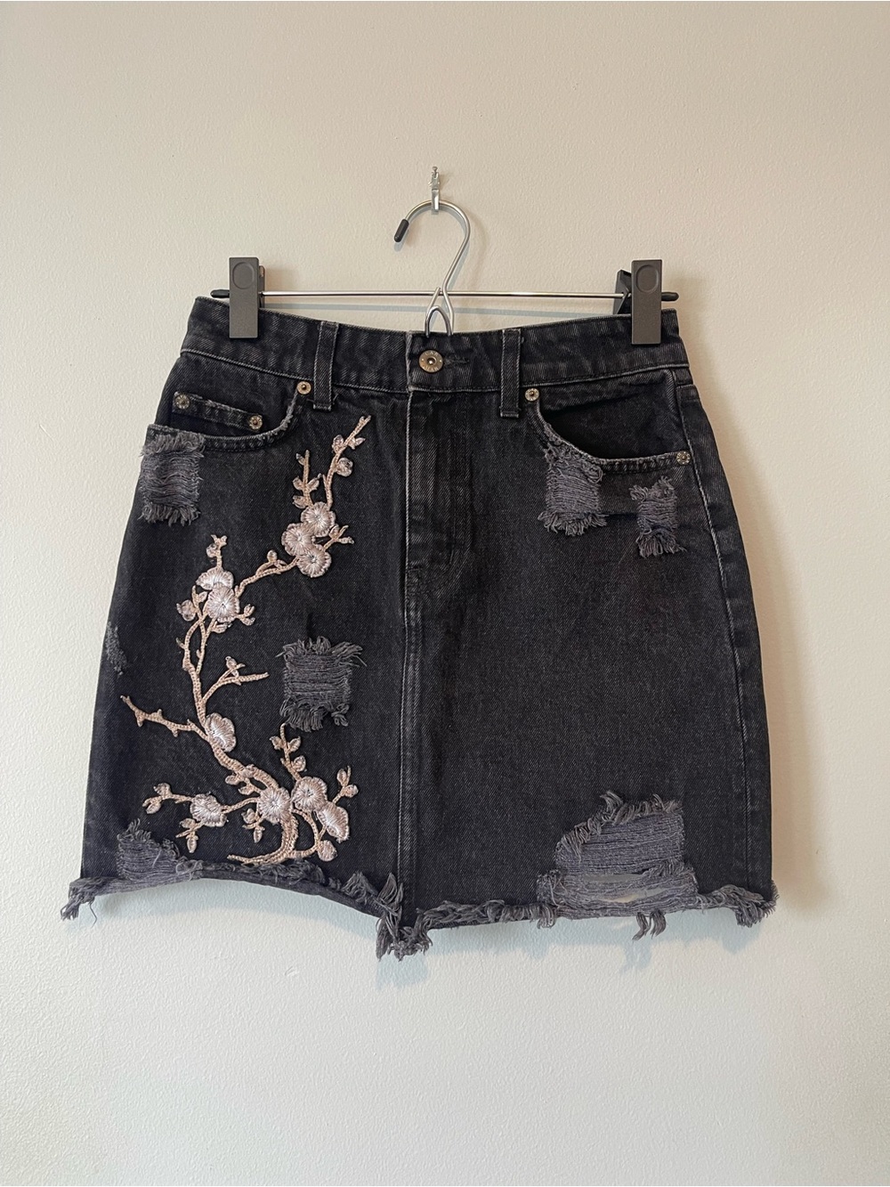 Carmar Black Denim Mini Skirt with Pink Floral Embroidery